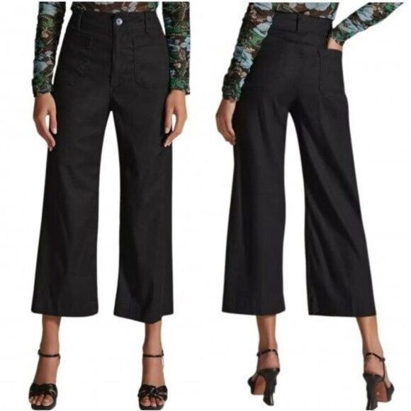 Maeve Anthropologie The Colette Black Linen Blend Cropped Wide Leg Pants Size 32 - Picture 1 of 9